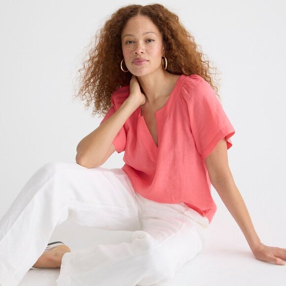 NWT J.Crew Pink Short Sleeve Linen V-neck Top - Picture 1 of 8